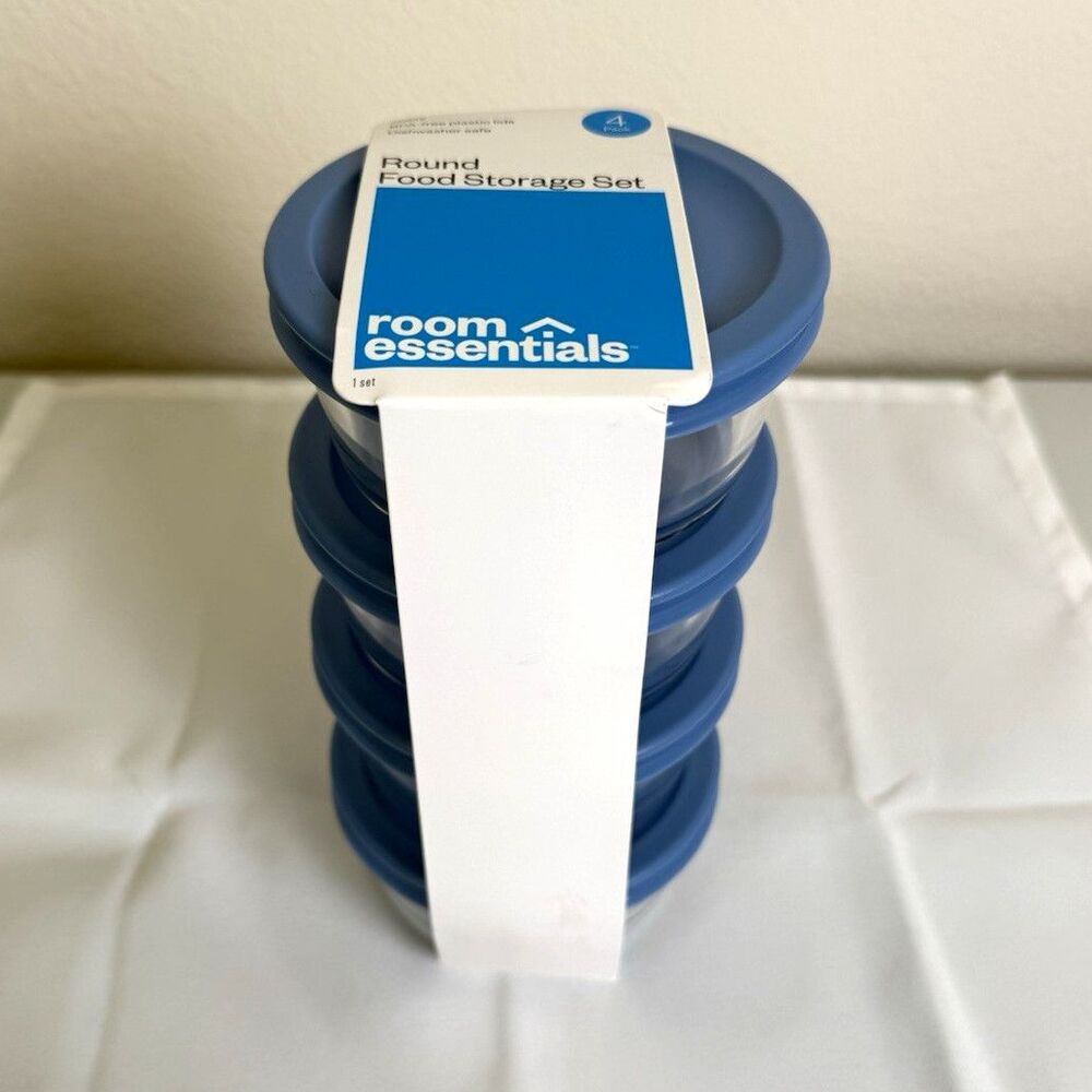 Room Essentials 4-Pack 1 Cup Round Glass Containers w/ Blue Snap Lids Safe Use